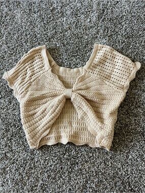 Knit Bow Front Crop Top in Beige